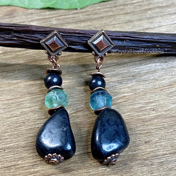 Shungite + Fluorite + Antique Copper Dangle Earrings - Picture 3 of 5